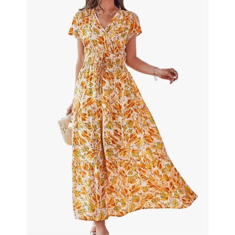 Kilig Amazon yellow floral smocked midi dress small